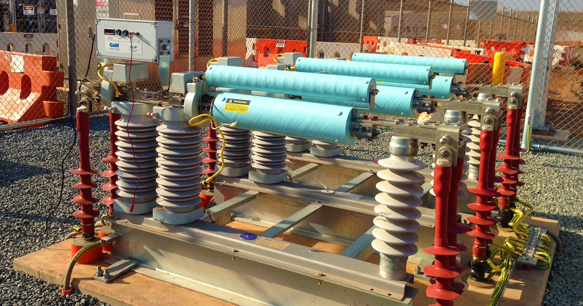 Outdoor electrical installation featuring G&W CLiP system components mounted on insulators, supporting fault current protection.